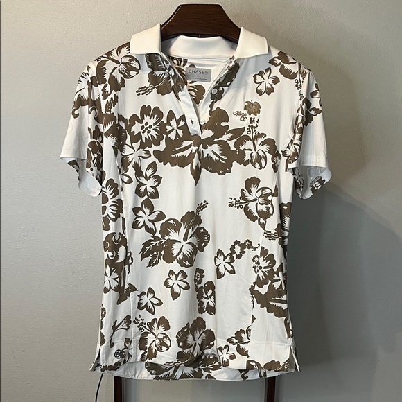 Chase 54 Tops - Chase 54 Women’s Hawaiian Print Golf Shirt White & Khaki Floral -Size Large